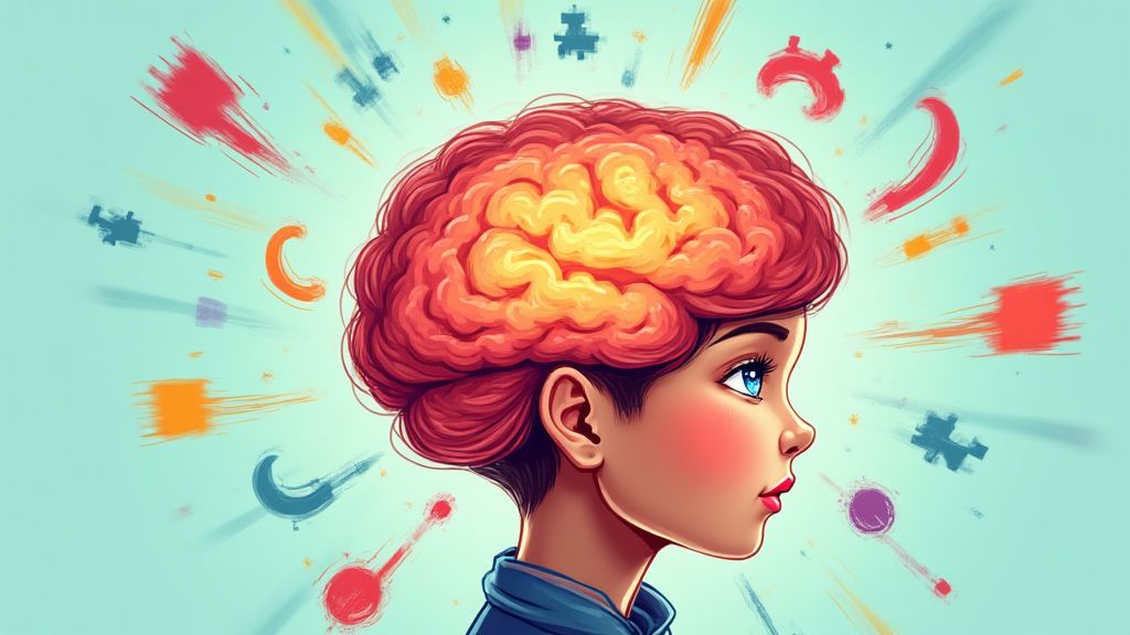 어린이 머리 속 전두엽이 집중력과 문제 해결 능력을 상징하는 이미지로 표현