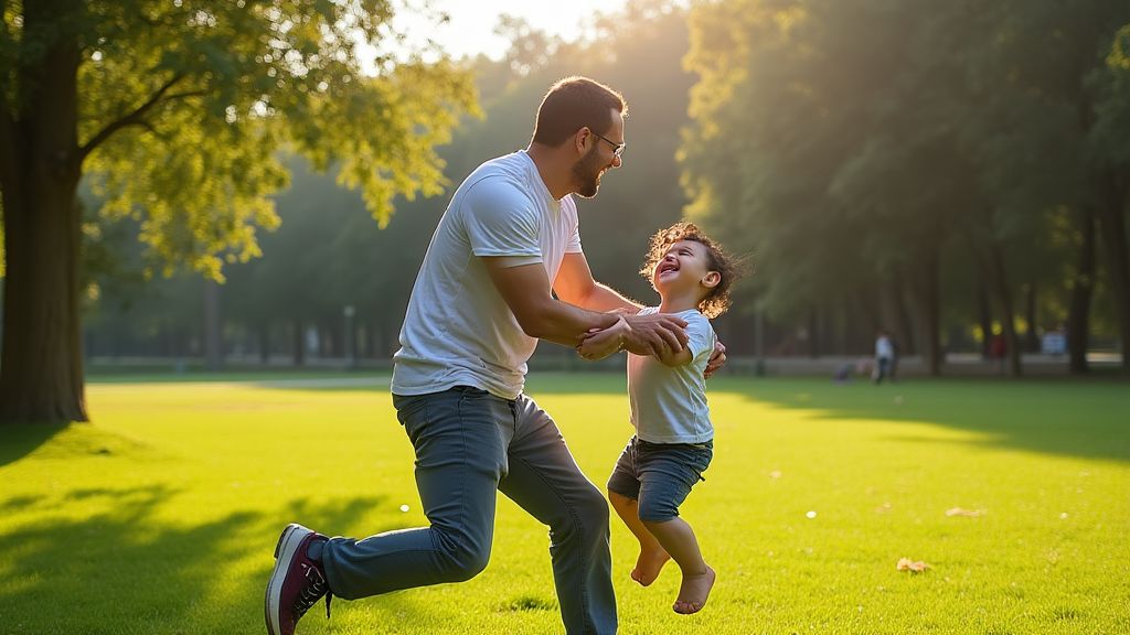 푸른 공원에서 자신의 유아와 활발하게 놀고 있는 자신감 있는 아빠의 모습