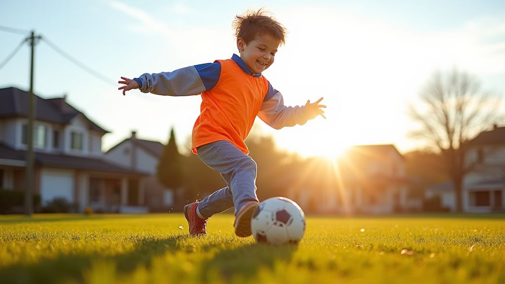 에너지가 넘치는 5세 남자아이가 동네 공터에서 축구공을 차는 모습