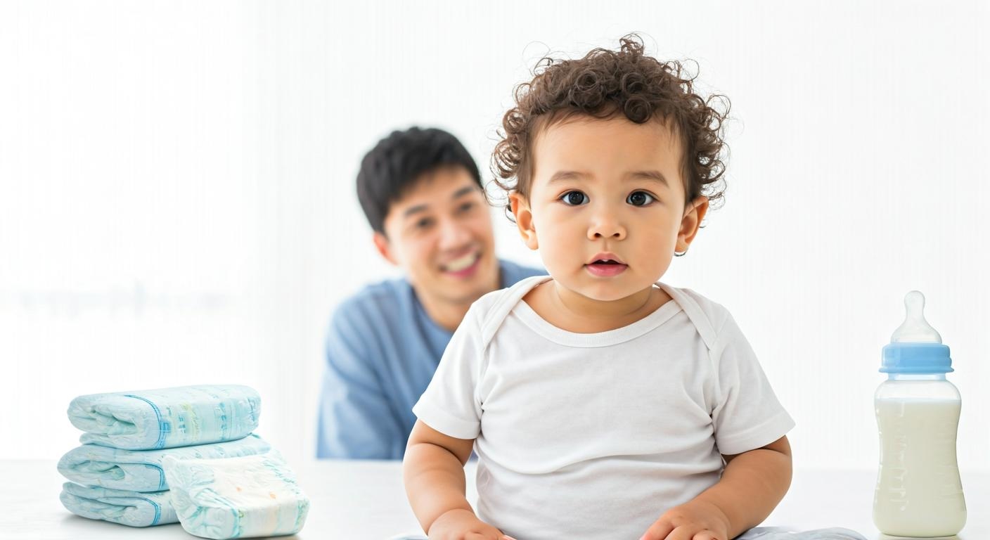 0세부터 8세까지 매달 지급되는 양육 보조금을 상징하는 어린 아이와 부모 이미지