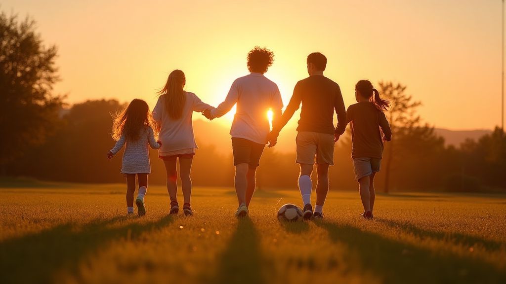 가족이 함께 저녁 노을 아래 소규모 운동장에서 축구를 즐기는 따뜻한 모습