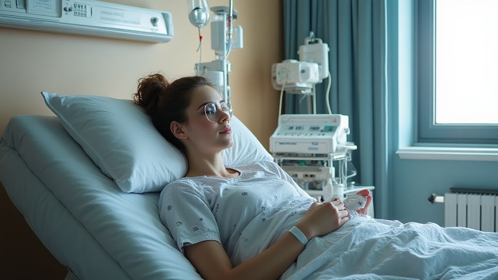 무통주사 장치를 사용하는 회복 중인 산모 병실 풍경