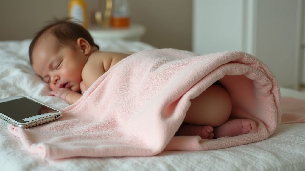 따뜻한 찜질과 백색소음 재생 스마트폰, 그리고 프로바이오틱스 병이 함께 놓인 신생아 완화법 장면