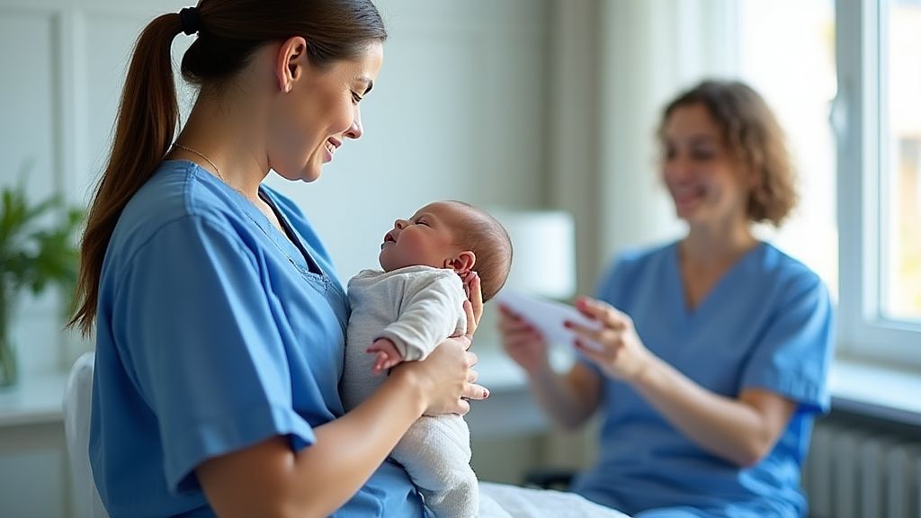 산모와 신생아를 돌보는 보건 전문가의 모습