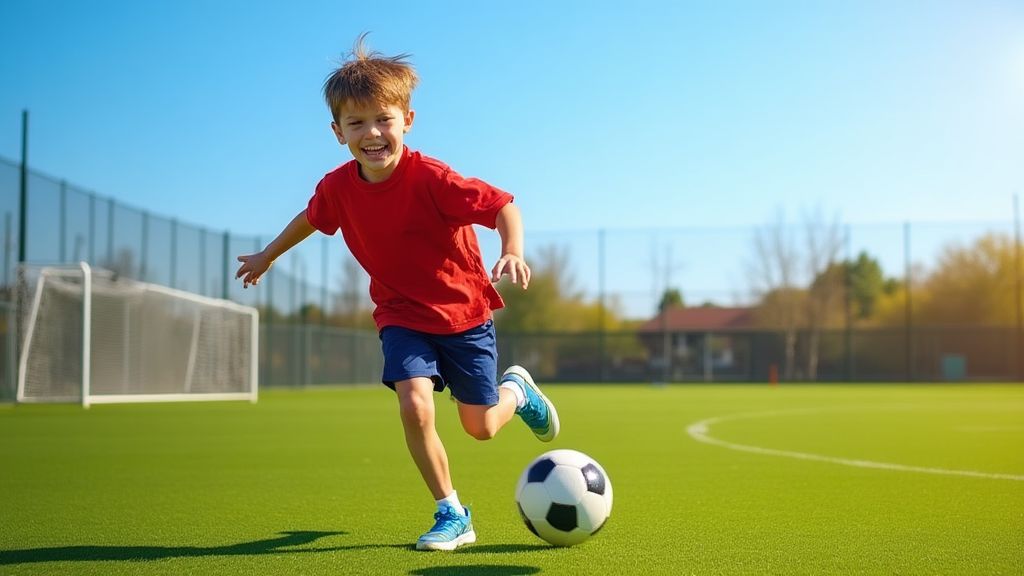 5세 남자아이가 맑은 날 축구장에서 활기차게 뛰어다니는 모습