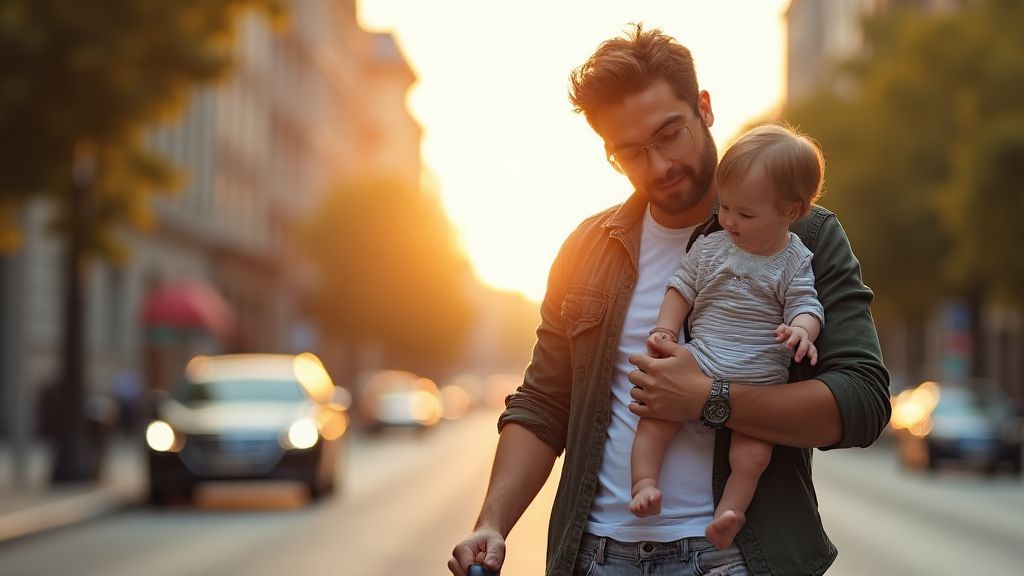도시 거리에서 유모차를 밀며 아기를 부드럽게 안고 있는 현대적인 아빠 모습