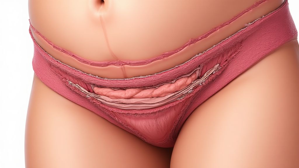 제왕절개 절개 부위의 피부, 지방, 근막 등 여러 층과 잘린 미세 신경들