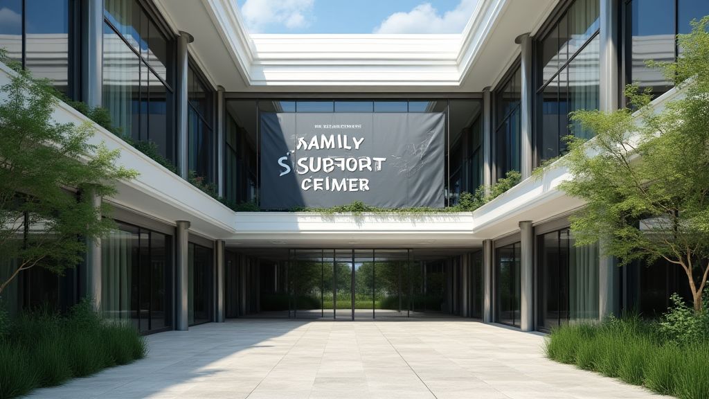 2025년 육아휴직 정책을 상징하는 가족 지원 센터 배너가 걸린 정부 청사 모습