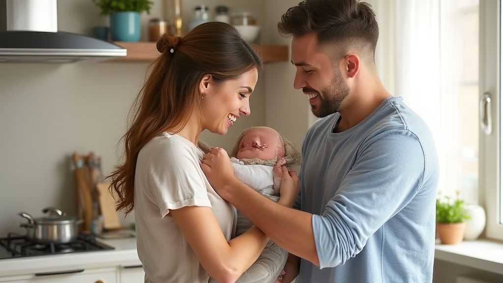 가정에서 아기 돌봄과 가사일을 돕는 남편과 아내의 협력하는 모습