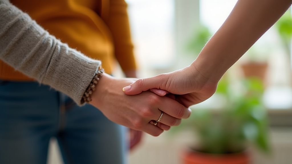 아내의 손을 따뜻하게 잡고 지지하는 남편의 모습