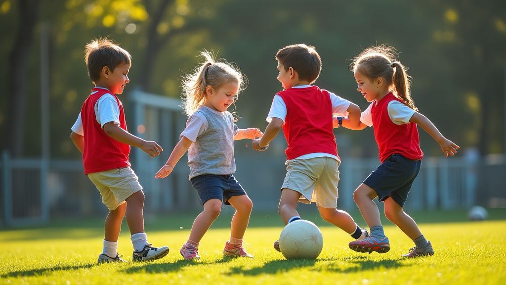밝은 야외 운동장에서 친구들과 함께 공을 패스하며 협동하는 어린이들