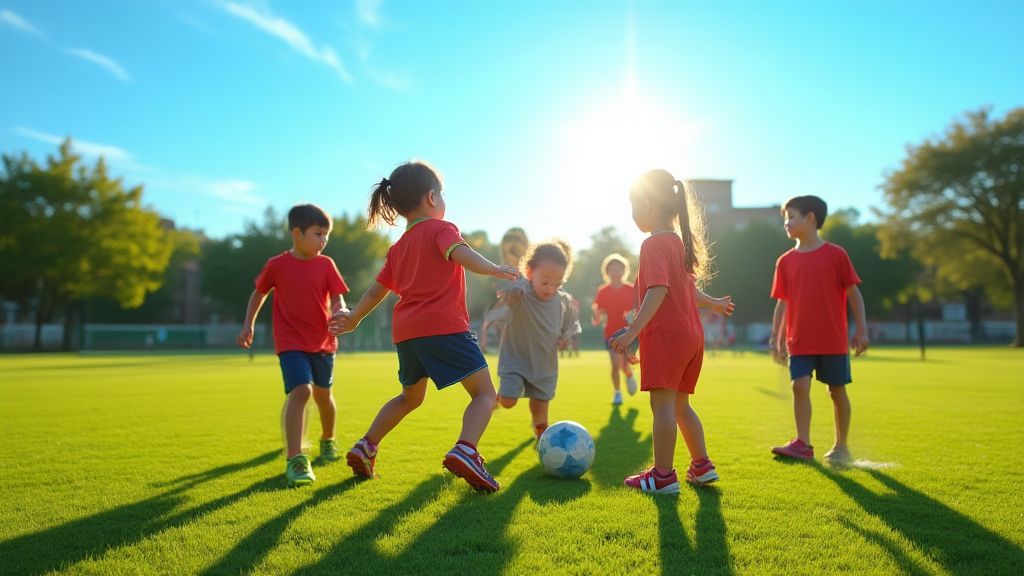 팀워크와 사회적 유대감을 나타내는 어린이들의 축구 경기 장면