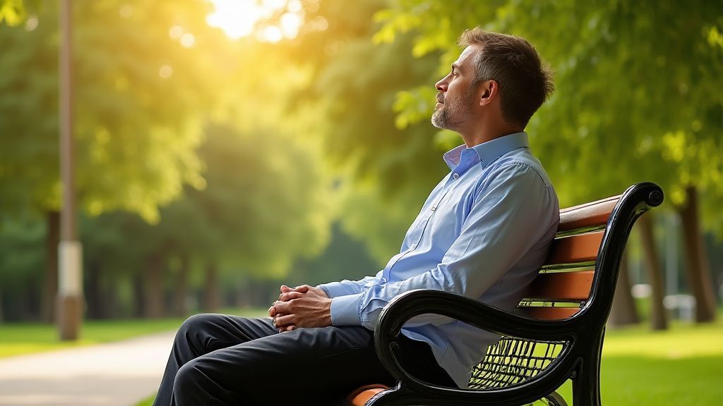 공원 벤치에 앉아 휴식을 취하며 자기 관리를 하는 남편
