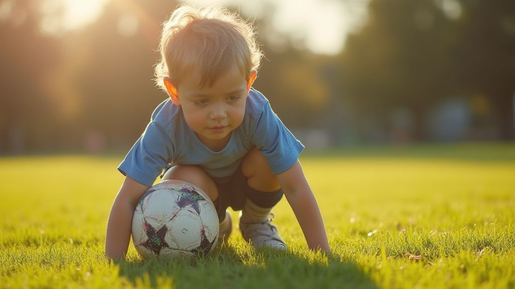 축구 연습 중 넘어졌지만 결연히 일어나는 아이의 모습