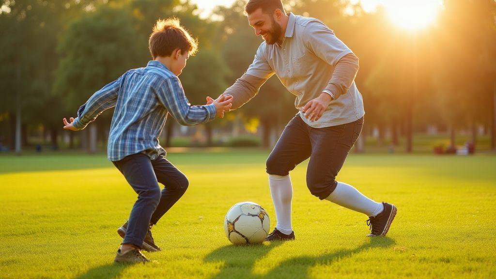부모가 아이와 함께 공원에서 축구를 즐기며 격려하는 따뜻한 장면