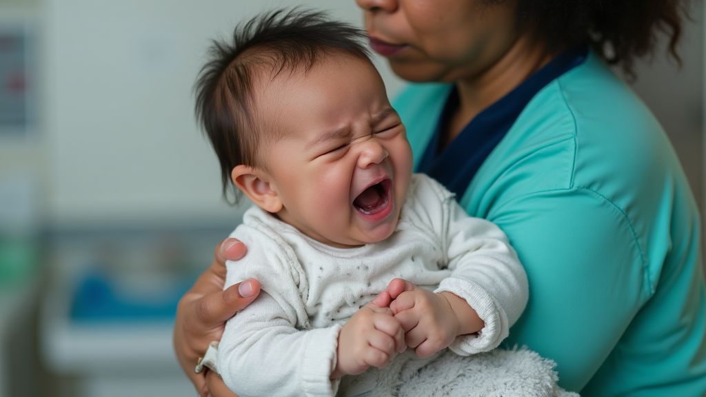 심각한 위험 신호를 보이는 아기를 걱정스러운 표정으로 안고 병원을 방문하는 부모의 모습