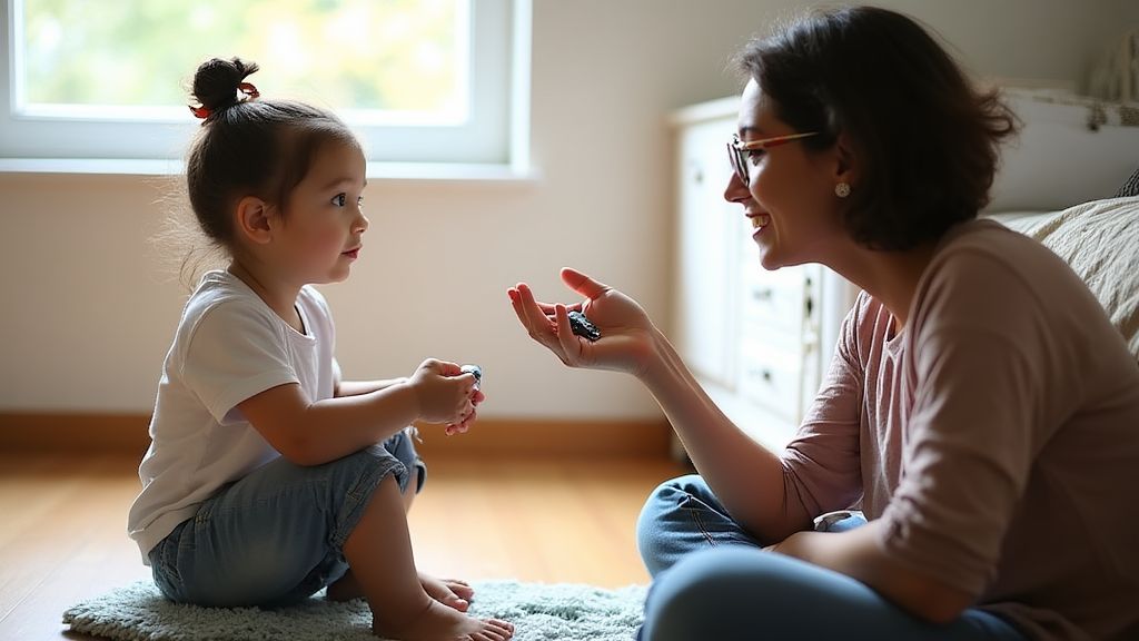 긍정 훈육의 원칙을 실천하는 모습으로, 부모가 차분하게 아이에게 장난감을 던지면 생기는 결과를 설명하는 장면