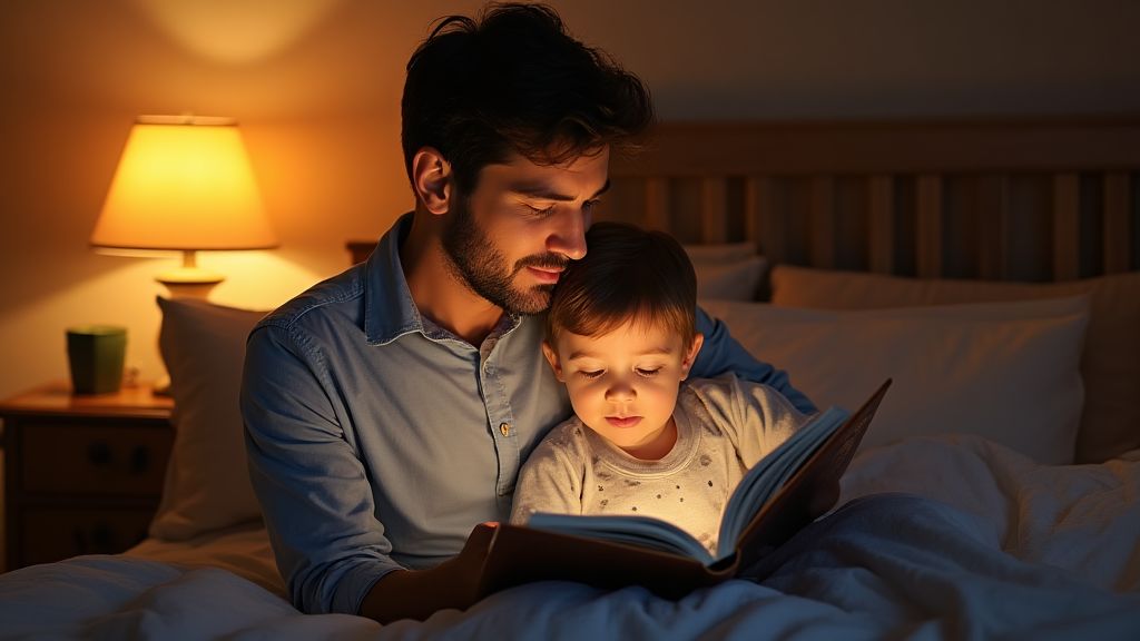 부드러운 조명 아래 집에서 아이에게 그림책을 읽어주며 정서적 교감을 나누는 아빠 모습