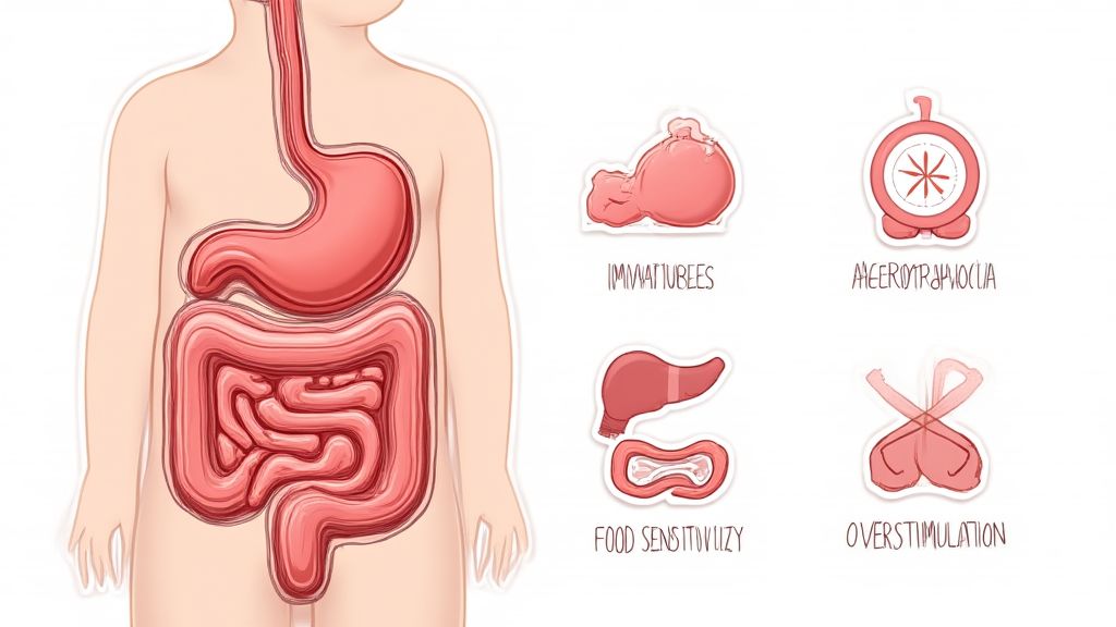 신생아 소화기관의 미성숙과 공기 삼킴, 음식 민감성, 과도한 자극 등 배앓이 원인을 상징적으로 나타낸 이미지