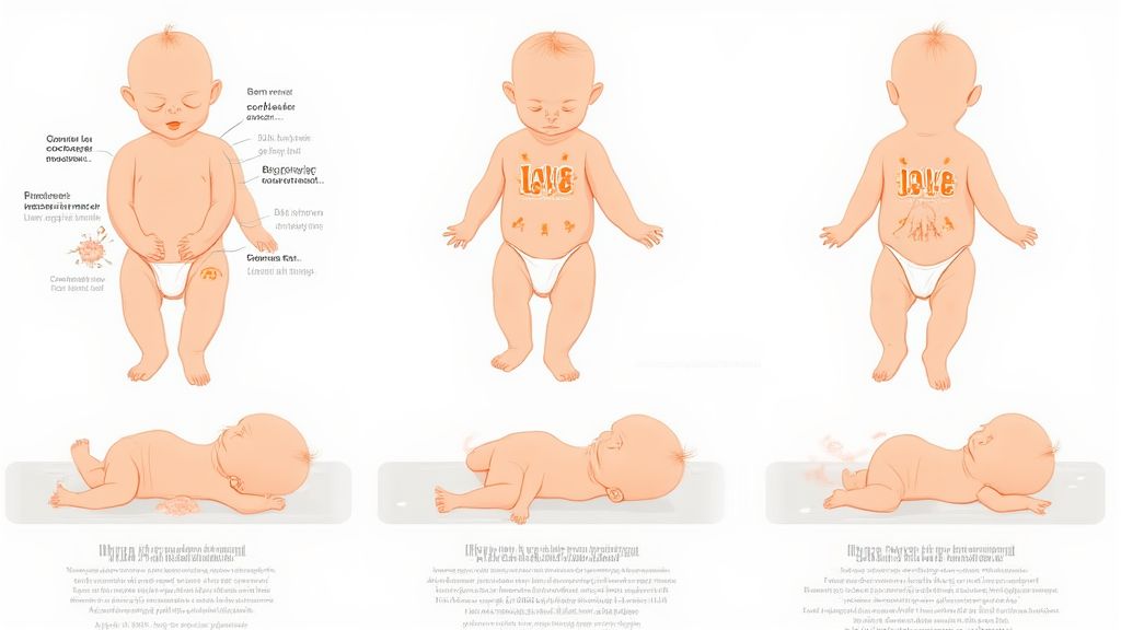 신생아 배앓이 완화 마사지를 단계별로 보여주는 이미지, 아기의 배를 시계 방향으로 마사지하고 I LOVE YOU 모양으로 쓰다듬는 모습, 자전거 타기 운동과 무릎 당기기 운동