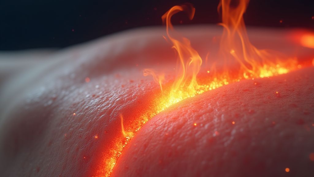 화상 느낌 통증을 상징하는 피부 근접 이미지, 타는 듯한 느낌을 표현