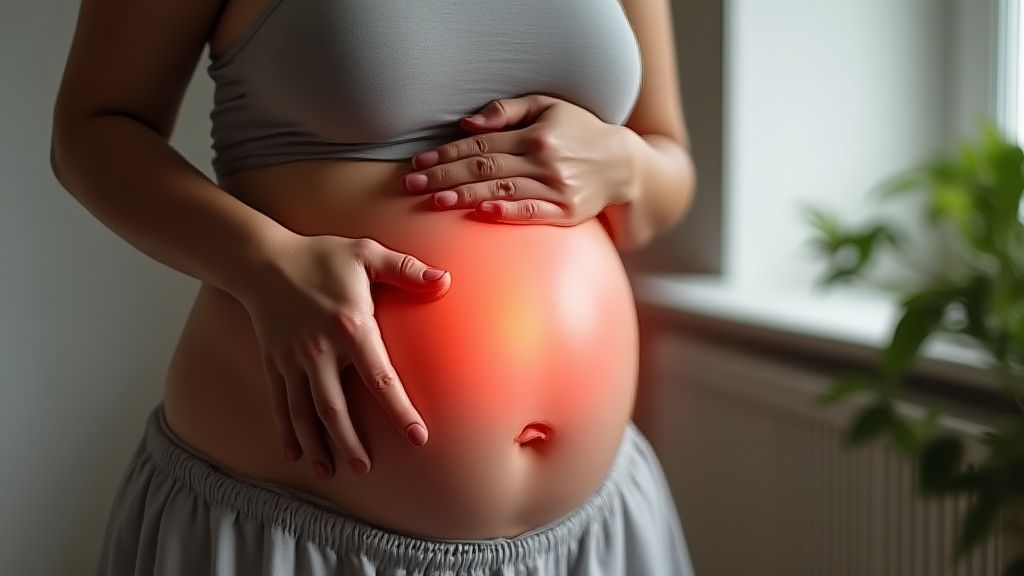 산후 자궁 수축과 신체적 통증을 겪는 산모의 모습