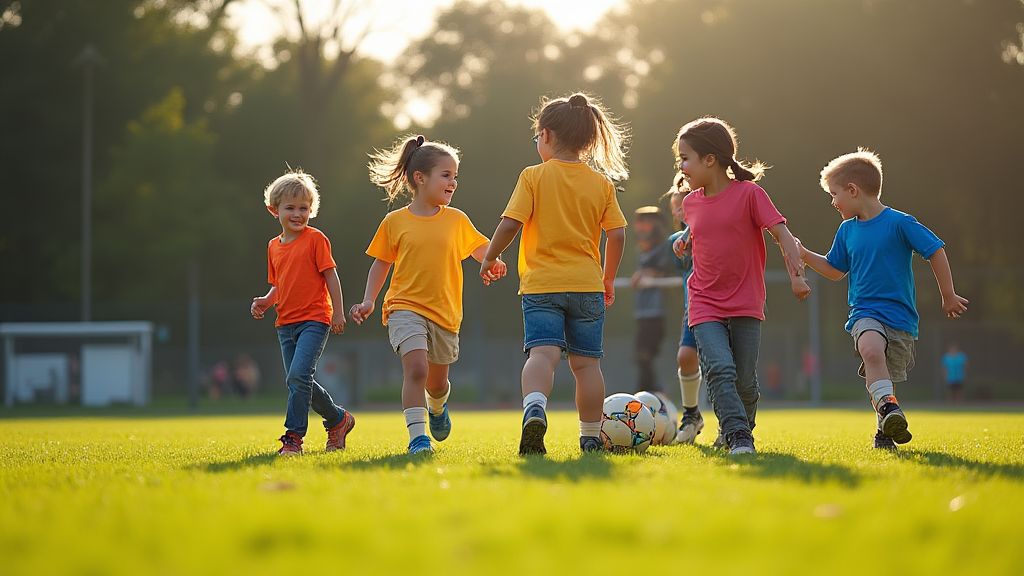 여러 명의 어린이들이 팀워크를 발휘하며 축구를 하며 소통하는 모습