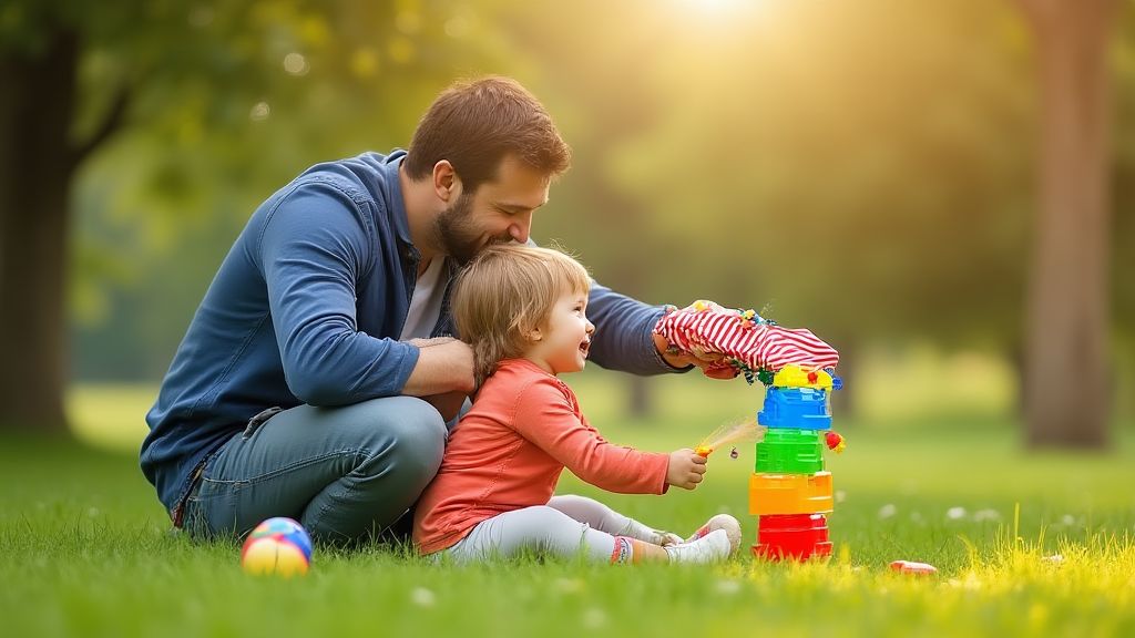 주말 공원에서 아이와 함께 블록 쌓기나 연 날리기 등 놀이를 하며 즐거운 순간을 나누는 아빠와 아이 모습