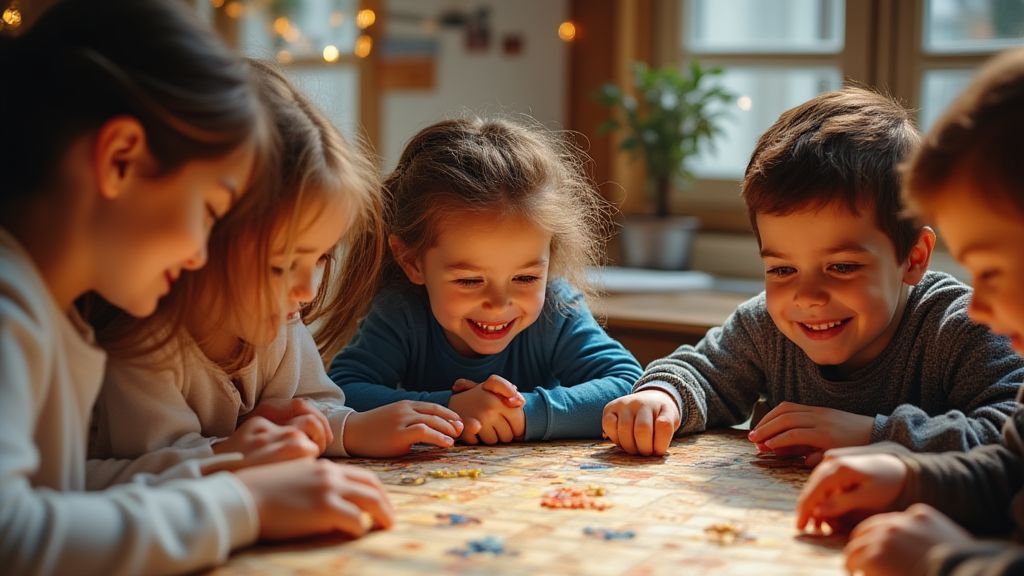 가족이 함께 협동 보드게임을 하며 즐거운 사회성 발달 활동을 하는 장면