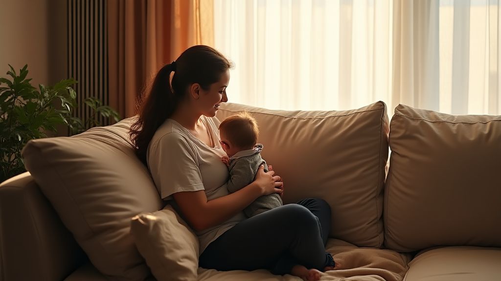 제왕절개 후 안전한 자세로 첫째 아이를 안는 엄마의 거실 모습