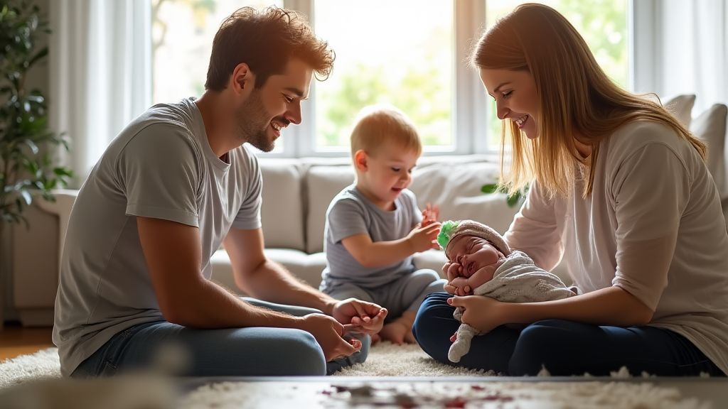 아빠가 첫째 아이와 놀아주고 엄마가 신생아를 돌보는 가족의 모습