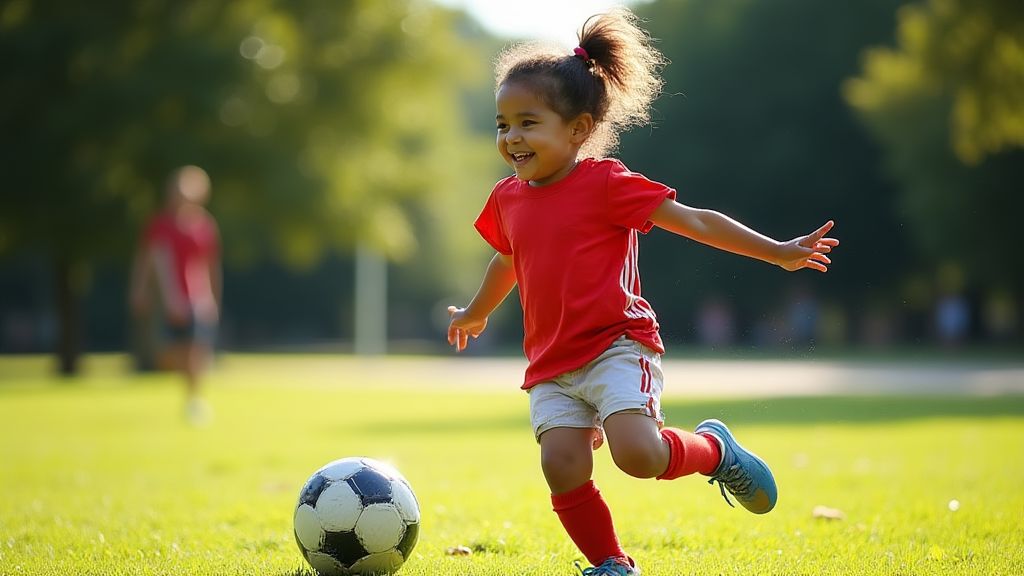 행복하게 공원에서 축구를 하는 어린이의 모습