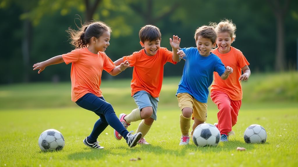 또래 아이들과 함께 간단한 축구 놀이를 즐기는 어린이들