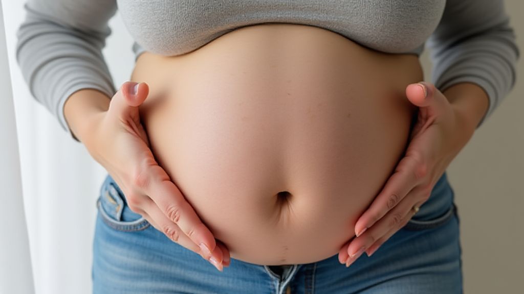 제왕절개 수술 부위 흉터를 부드럽게 만지는 산모의 모습