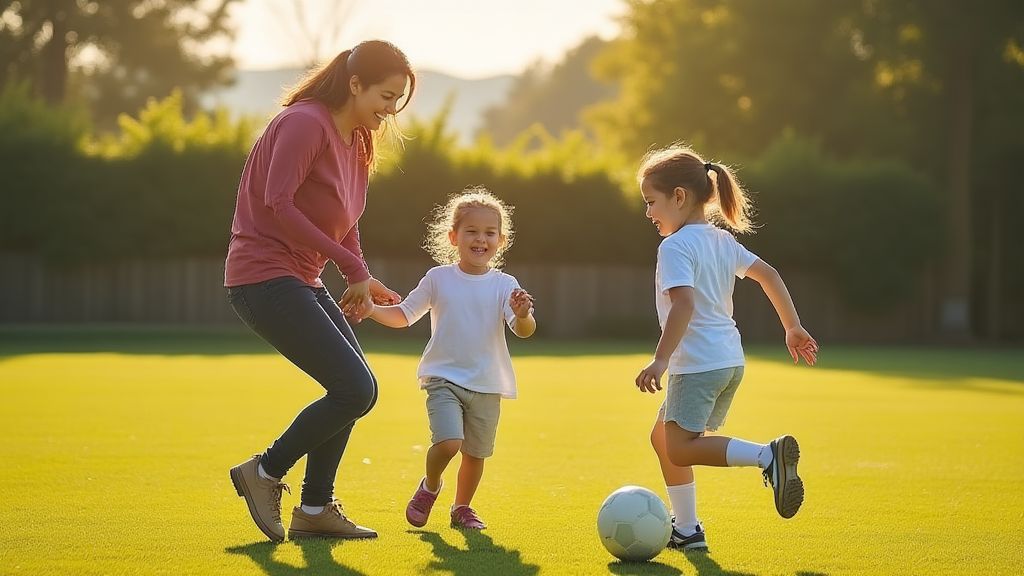 부모가 야외에서 축구하는 아이를 따뜻하게 격려하는 모습