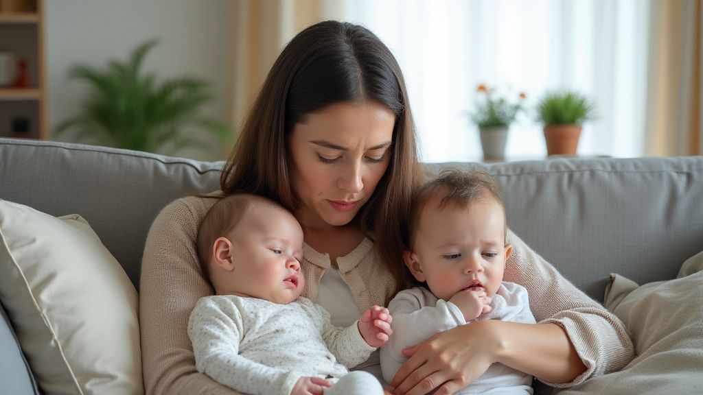두 아이를 돌보느라 지친 엄마의 모습