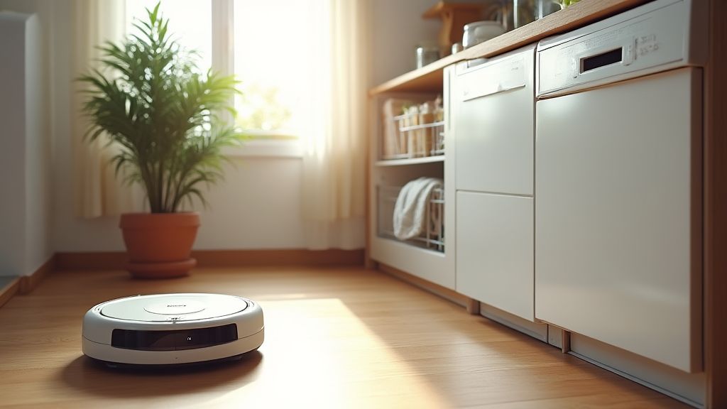 스마트 가전이 작동하는 현대적인 집안 풍경