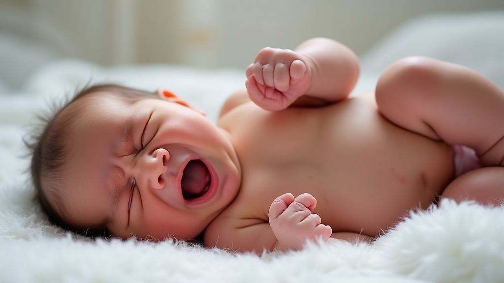 배앓이 증상을 보이는 신생아의 모습, 주먹을 쥐고 다리를 가슴 쪽으로 당긴 상태