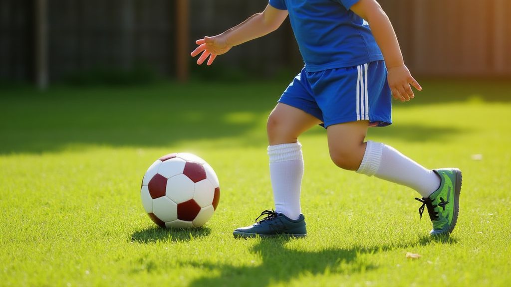 어린아이가 축구공을 차며 눈과 발의 협응력을 발휘하는 장면