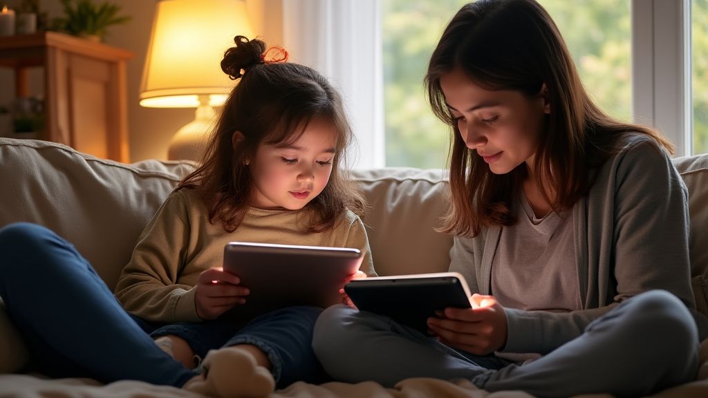 부모와 아이가 디지털 미디어 사용 규칙을 함께 정하며 대화하는 모습