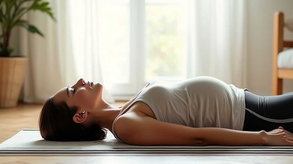 제왕절개 후 산후 운동으로 심호흡을 하는 여성의 모습