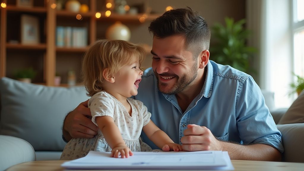 퇴근 후 거실에서 아이와 즐거운 시간을 보내며 가까운 신체 접촉과 행복한 표정을 짓는 워킹대디