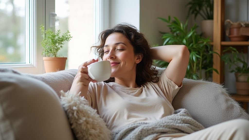 자연광 아래 집에서 휴식을 취하며 차를 마시는 엄마의 모습