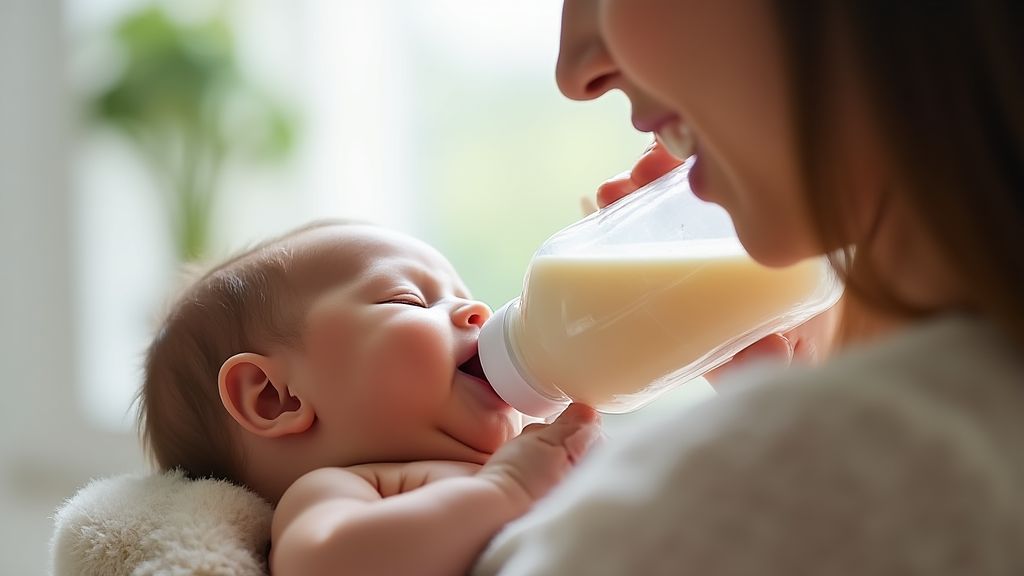 올바른 수유 자세로 아기를 45도 각도로 안고 젖꼭지에 분유가 가득 차도록 기울인 젖병으로 수유하는 모습
